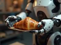 Ein humanoider Roboter serviert ein Croissant auf einem Tablett. Symbolbild zur Veranstaltung "Technologie & Croissant" der Digitalagentur Niedersachsen.next. Foto erstellt mit Hilfe von KI (neuroflash).