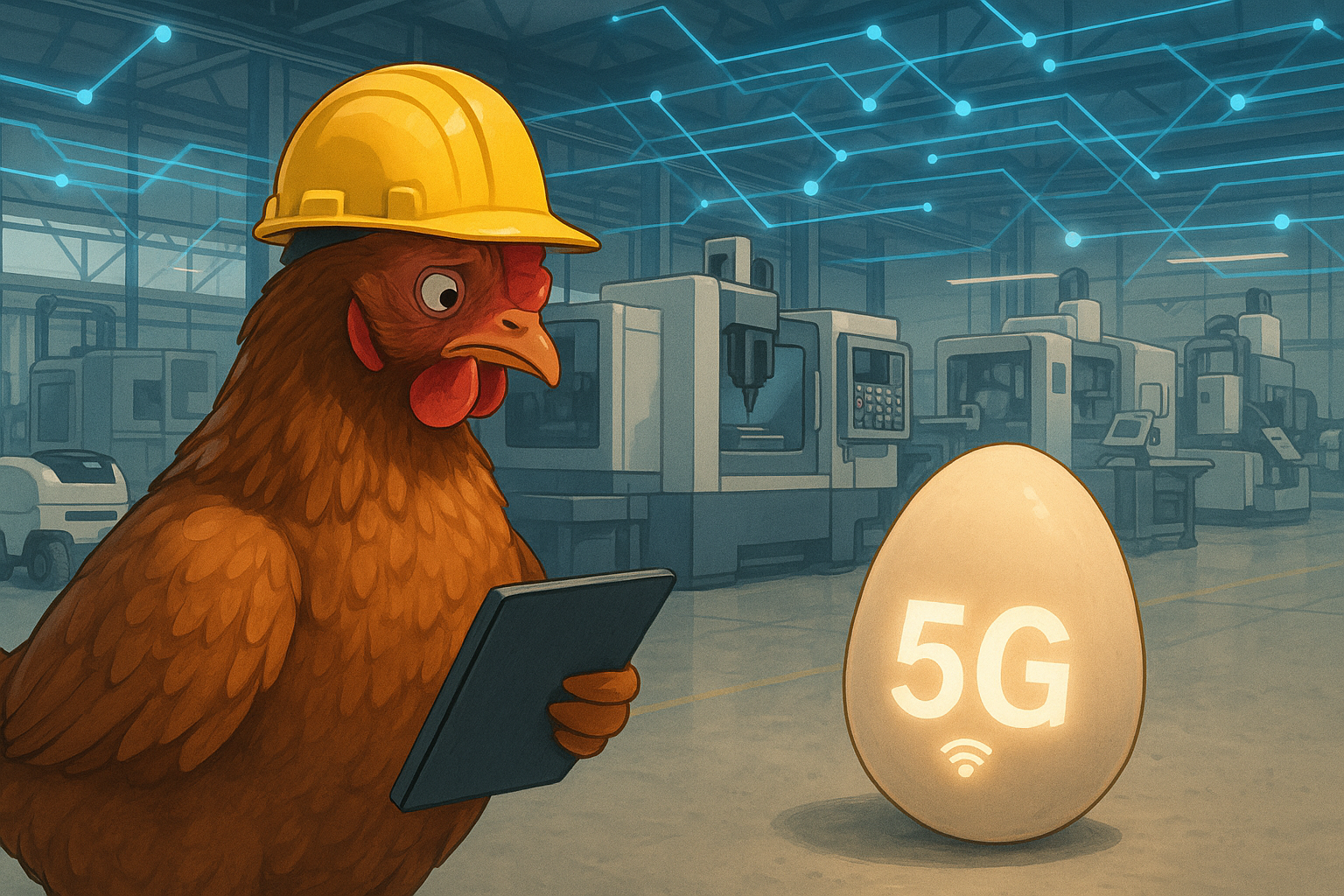 Dieses KI-generierte Foto zeigt eine grafisch dargestellte Henne mit Bauhelm und Tablet sowie ein Ei, auf dem er Schriftzug 5G leuchtet. Das Motiv symbolisiert das Henne-Ei-Problem, das einer der Gründe sein kann, warum in Unternehmen Investitionen in 5G-Technologie letztlich scheitern: Hersteller definieren keine konkreten Lösungen, solange kein klarer Use Case vorliegt. Unternehmen formulieren aber keine Anwendungsfälle, solange die Kosten unklar sind.